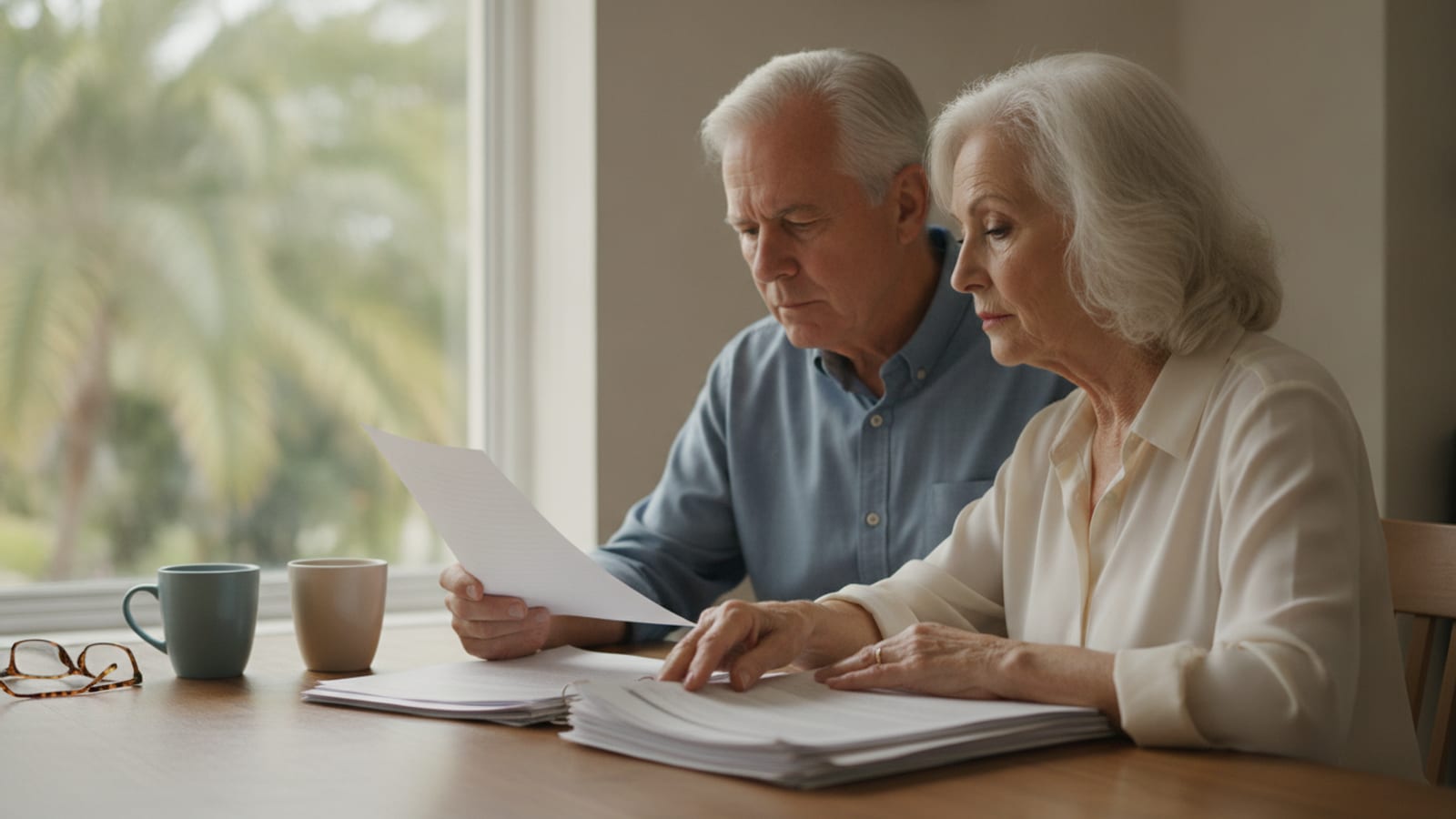 A husband and wife in their seventies sitting side by side at a wooden table in a bright Florida home, reading a thick stack of printed contract pages, with a window and palm foliage behind them
