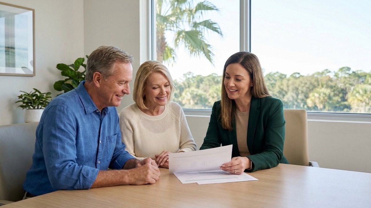 A couple reviewing residency paperwork with a financial planner at a bright Florida office table