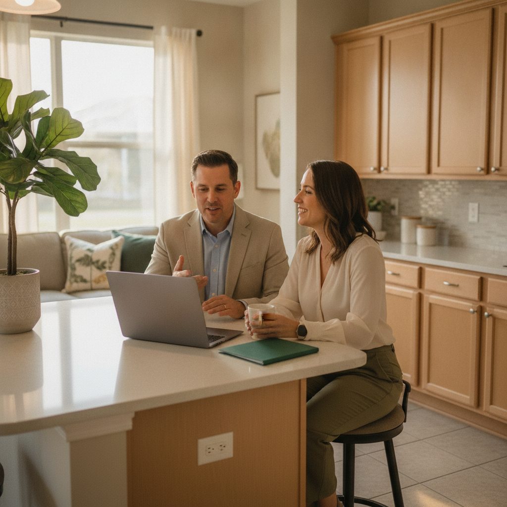 Couple in a Wesley Chapel kitchen with a closed laptop on the island