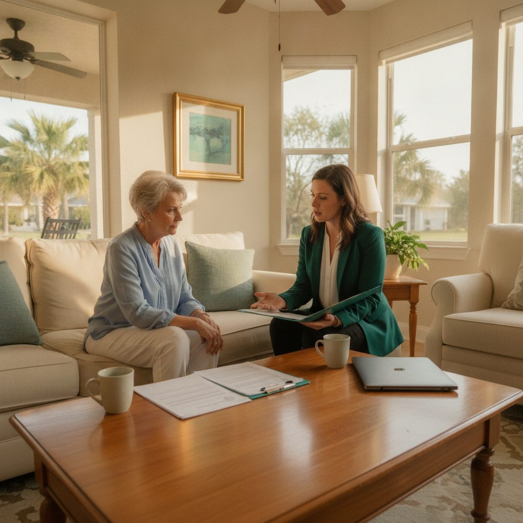 A quiet Pasco County house in late-day light, the kind of home a surviving spouse still has to keep current with the property appraiser