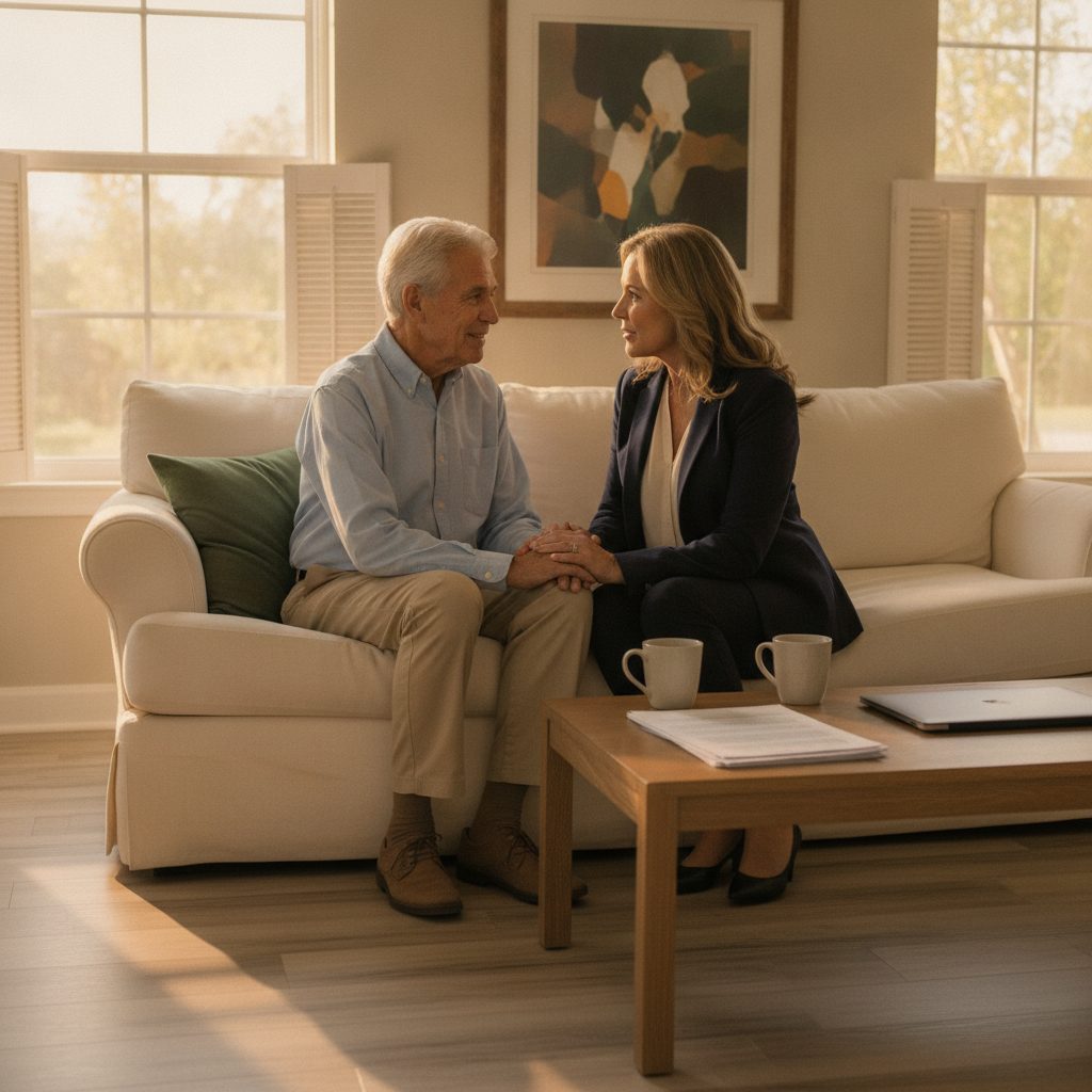An adult daughter and an older parent talking on a sofa in a Temple Terrace living room in late-day light.