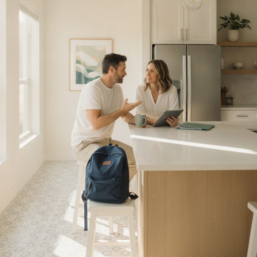 Two parents at a Wesley Chapel dining table in weekend morning light, a child's backpack on a stool