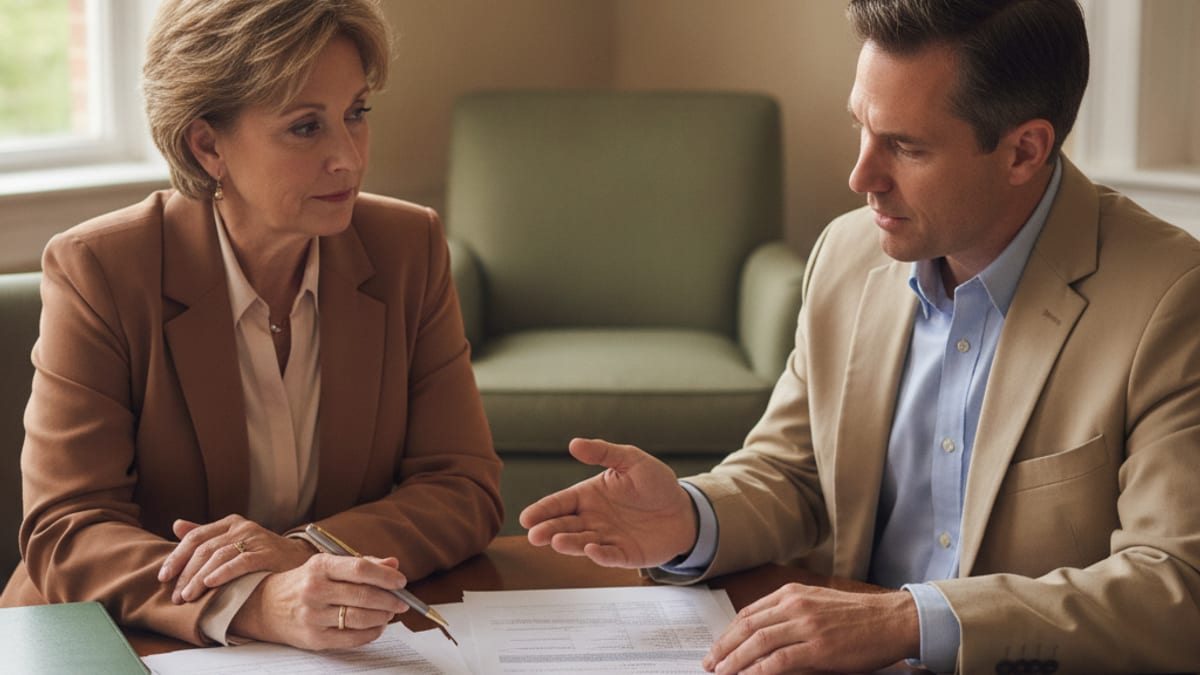 A public school employee and a financial planner reviewing retirement paperwork together at an office desk