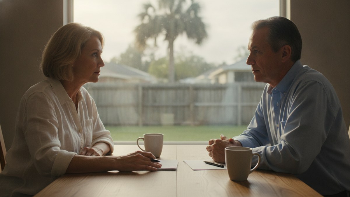 A married couple in their late fifties talking across a kitchen table with paperwork and coffee mugs between them