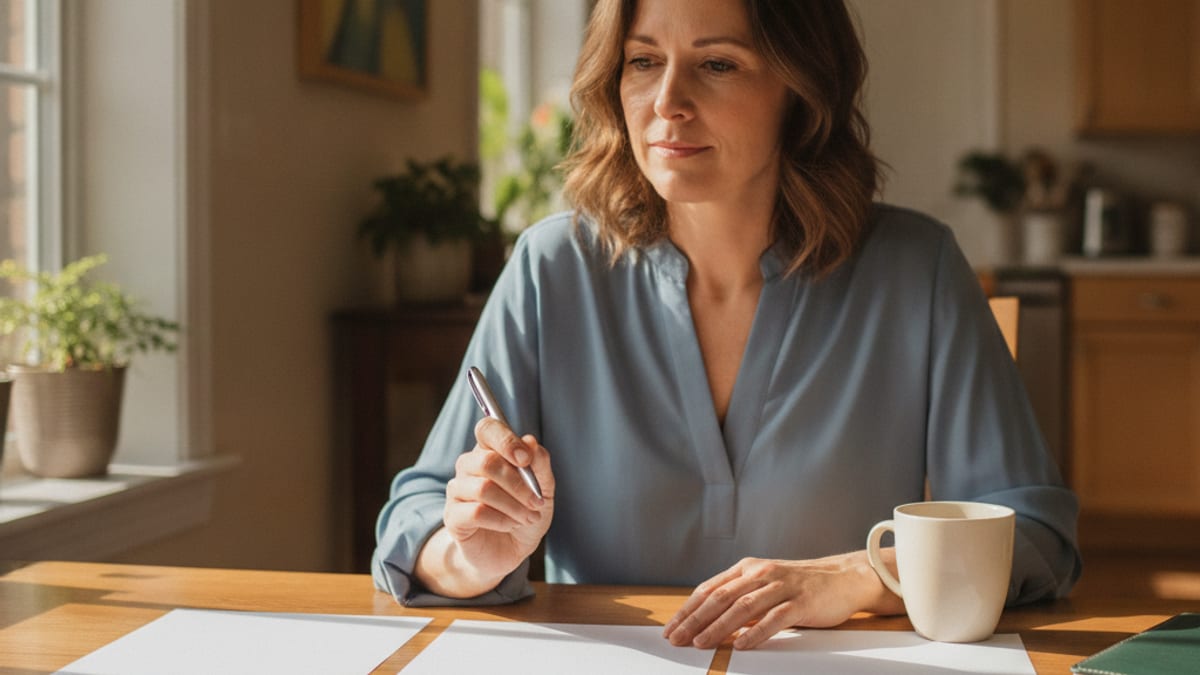 A person sits alone at a home kitchen table comparing three blank pricing sheets spread out in front of them.