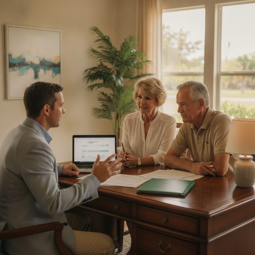 Pasco County homeowner reviewing medical bills and a Medicare mailing at a kitchen table
