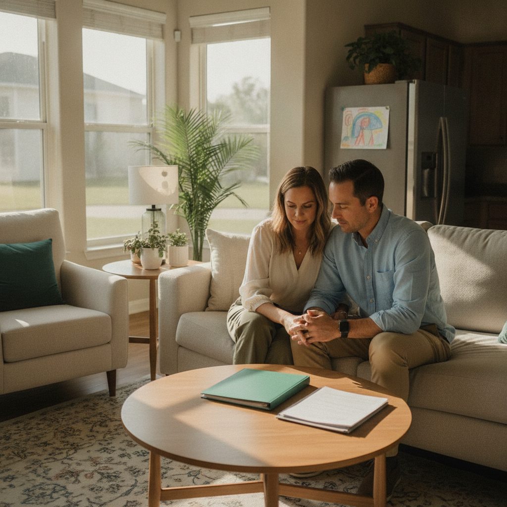 Two parents sit on a sofa in a Wesley Chapel living room with a closed folder on the coffee table
