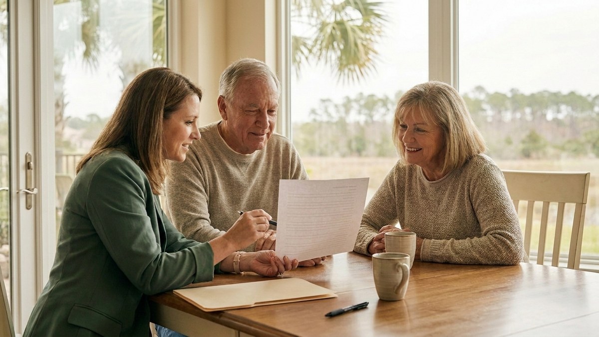 A retired couple reviewing a tax worksheet with an independent financial planner at a kitchen table