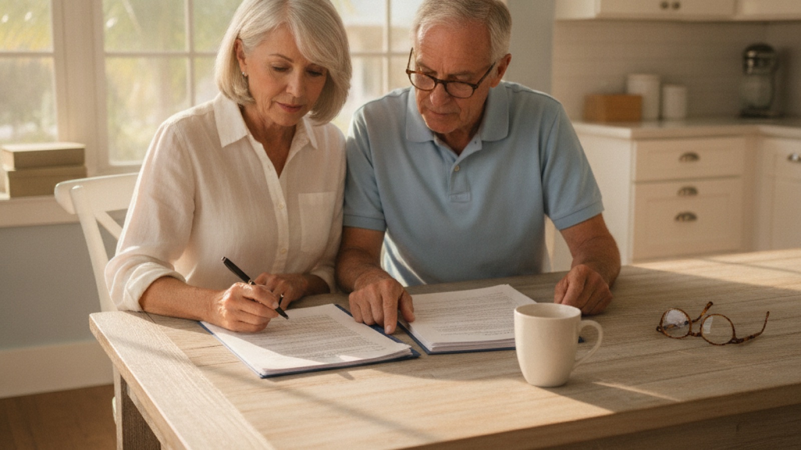An older couple reviewing two separate documents side by side at a kitchen table with their reading glasses set down between them