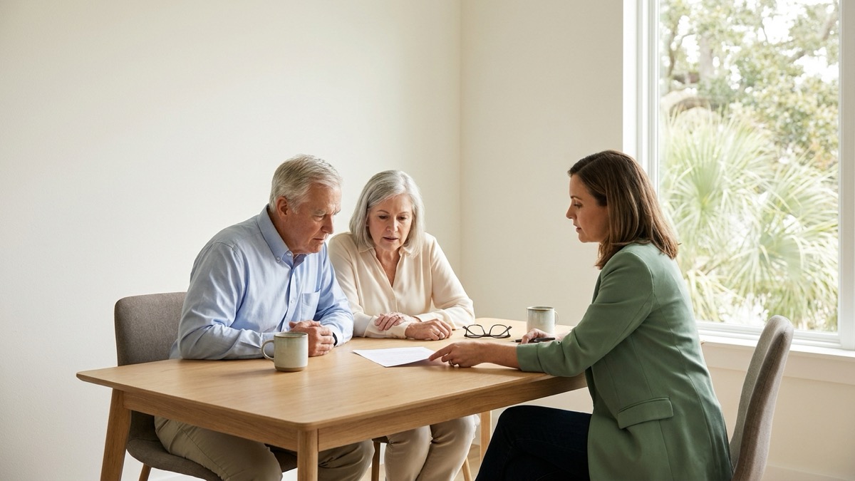 A retired couple reviewing a Medicare premium notice with an independent financial planner at a table