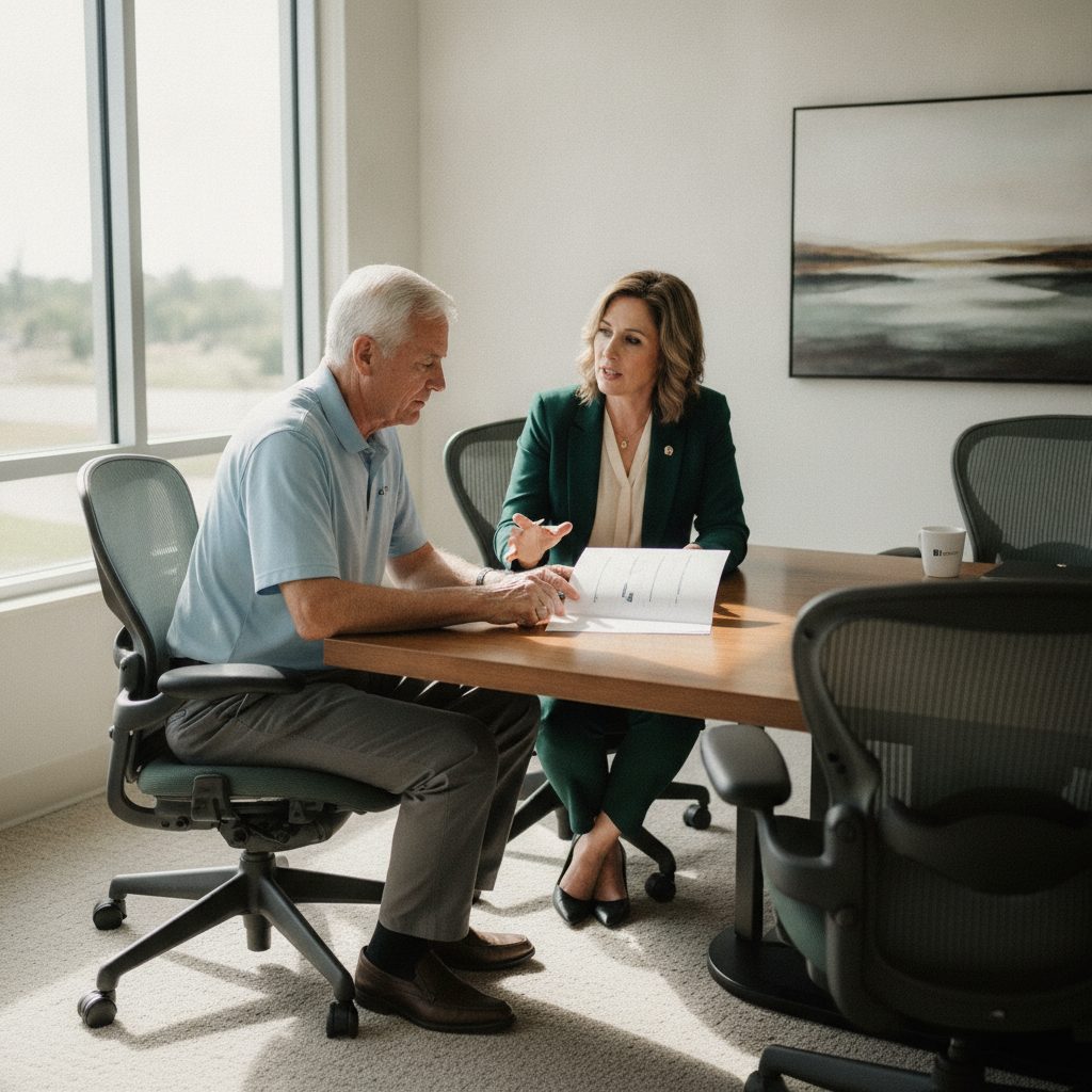 Retiree and advisor reviewing a blurred pension packet at a Pasco County conference table