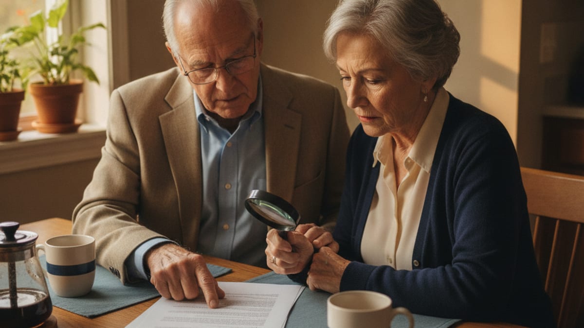 A retiree reading paperwork at home with reading glasses and a pen on the table