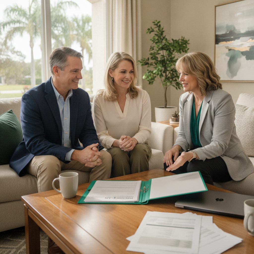 A Pasco County household at the kitchen table with Social Security, pension, and account paperwork