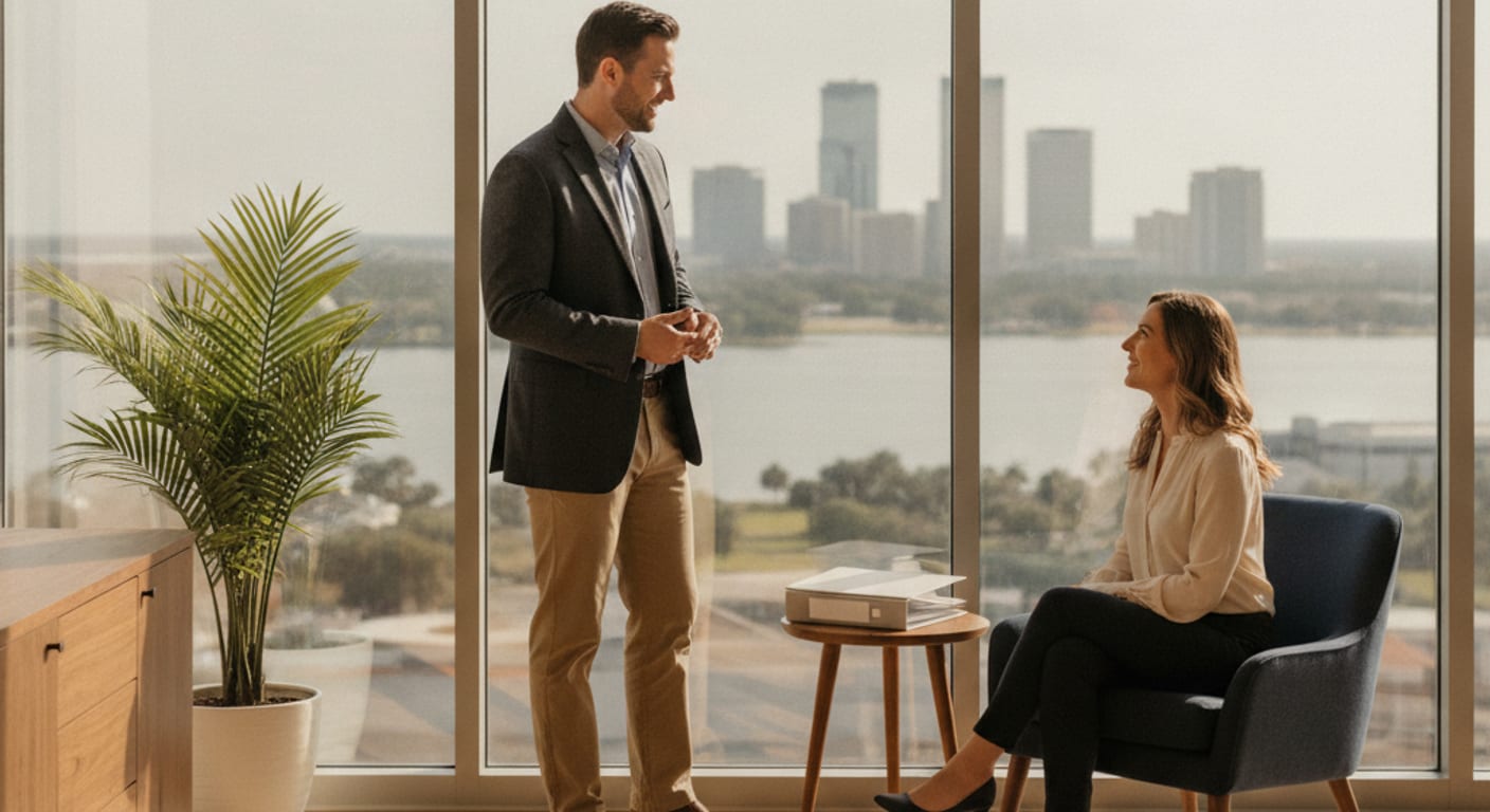 Financial planner meeting with a client in a Wesley Chapel office