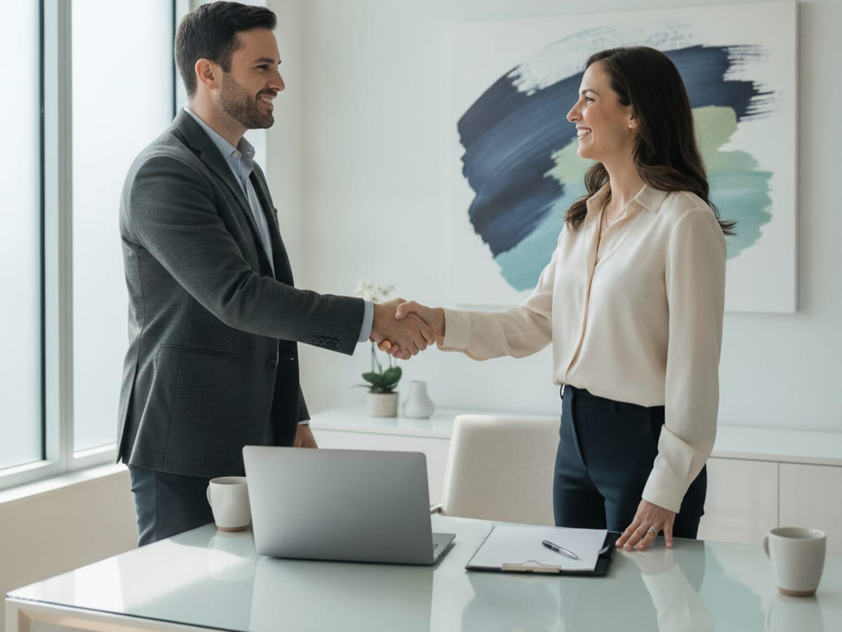 Client and financial planner shaking hands after a fiduciary matching consultation